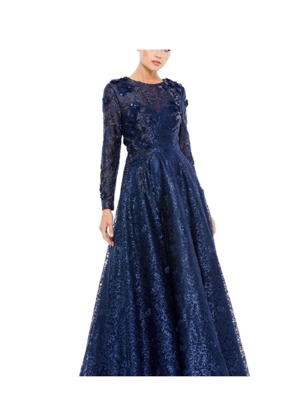 Mag duggal Navy Lace Long-Sleeve Evening Gown